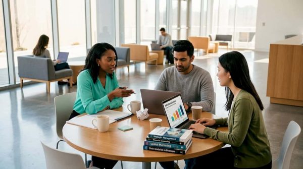 MBA students discuss specializations at shared table
