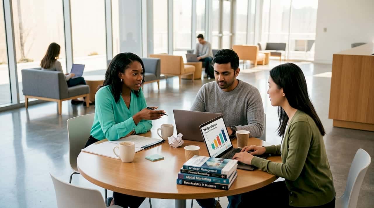 MBA students discuss specializations at shared table