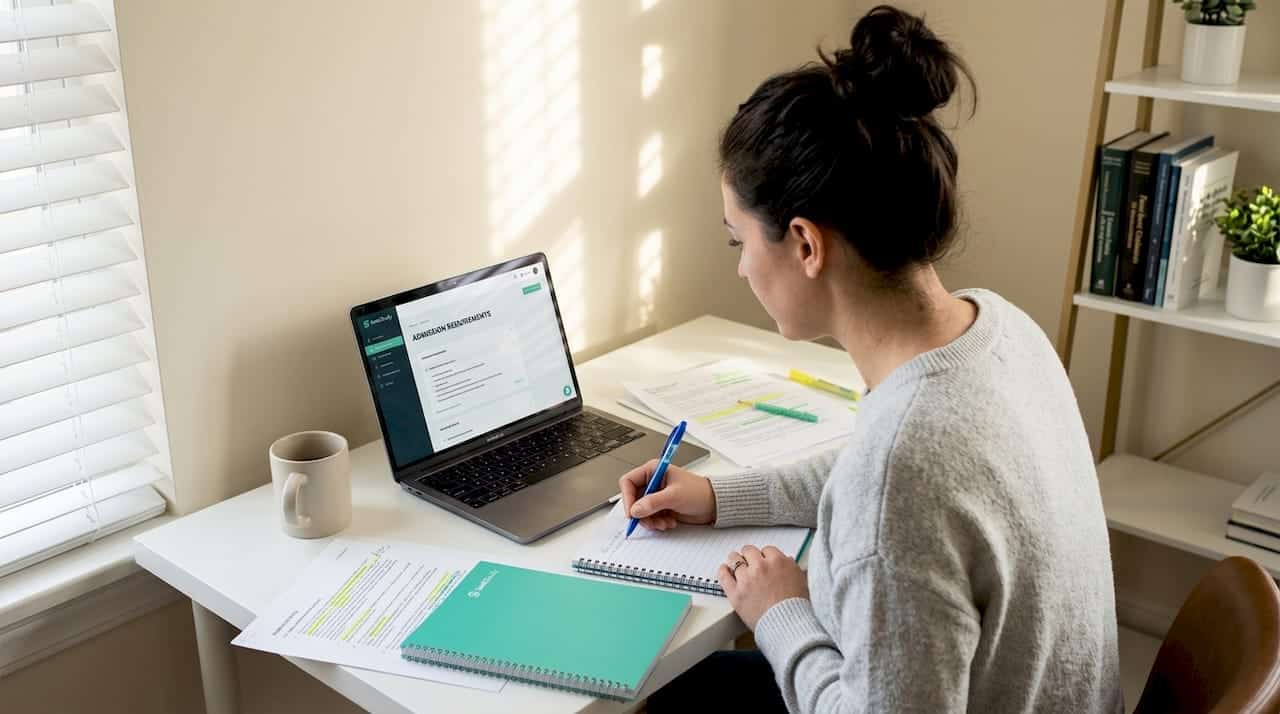 MBA applicant reviews documents at home desk