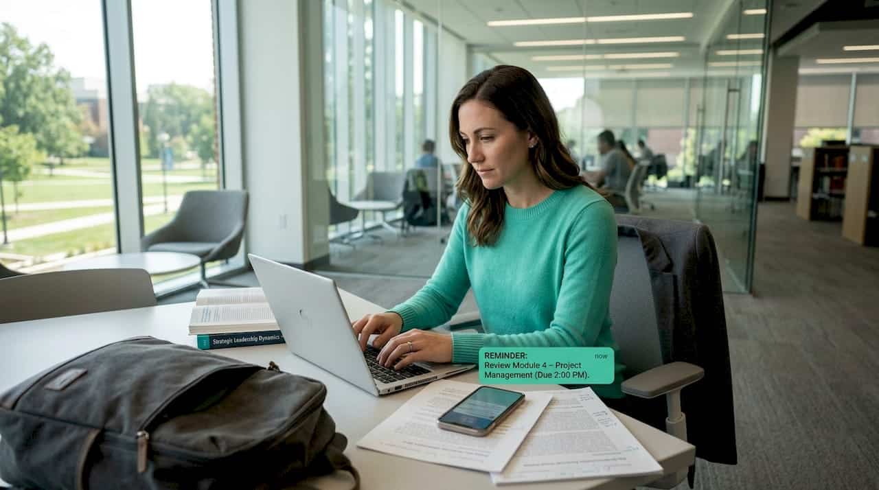 Student annotating textbook in glass library workspace