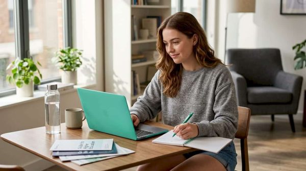 Student researching UK degree application online at kitchen table