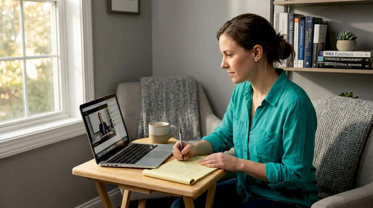 Woman participating in online MBA class at home desk