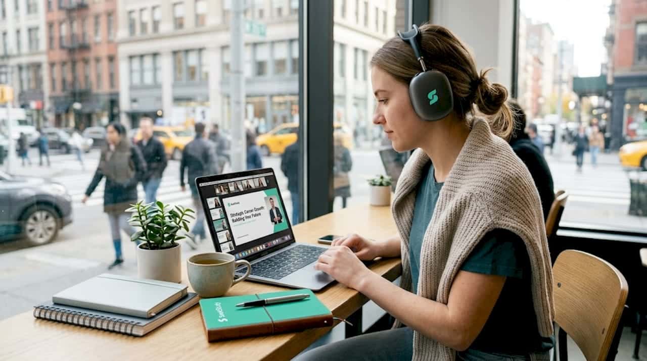 Woman attending online class in bright home office