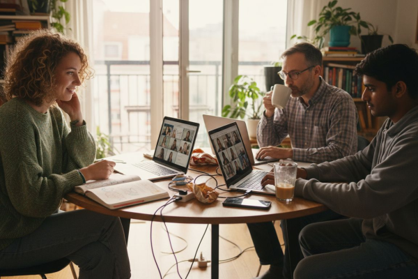 Diverse adults studying online management together