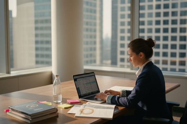 MBA student reviewing career materials in office