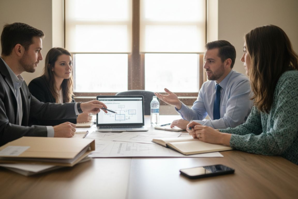Students discuss business plans in seminar room