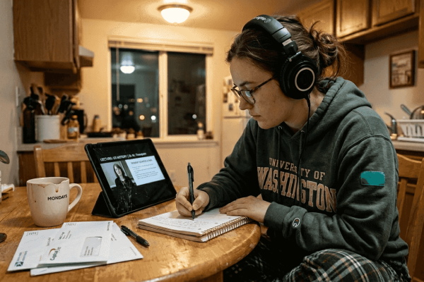 Student attending online class at kitchen table