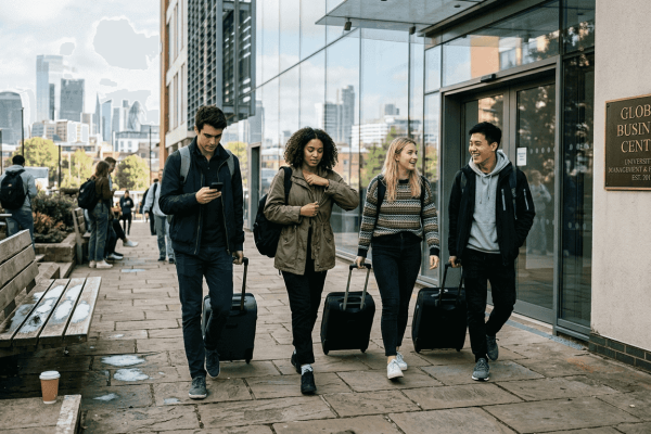 Business students outside international campus building