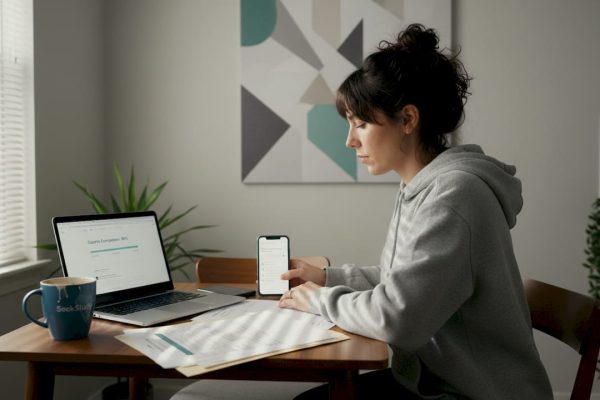 Student cross-checking degree paperwork at kitchen table