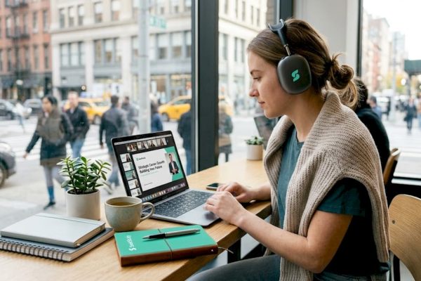 Woman attending online class in bright home office