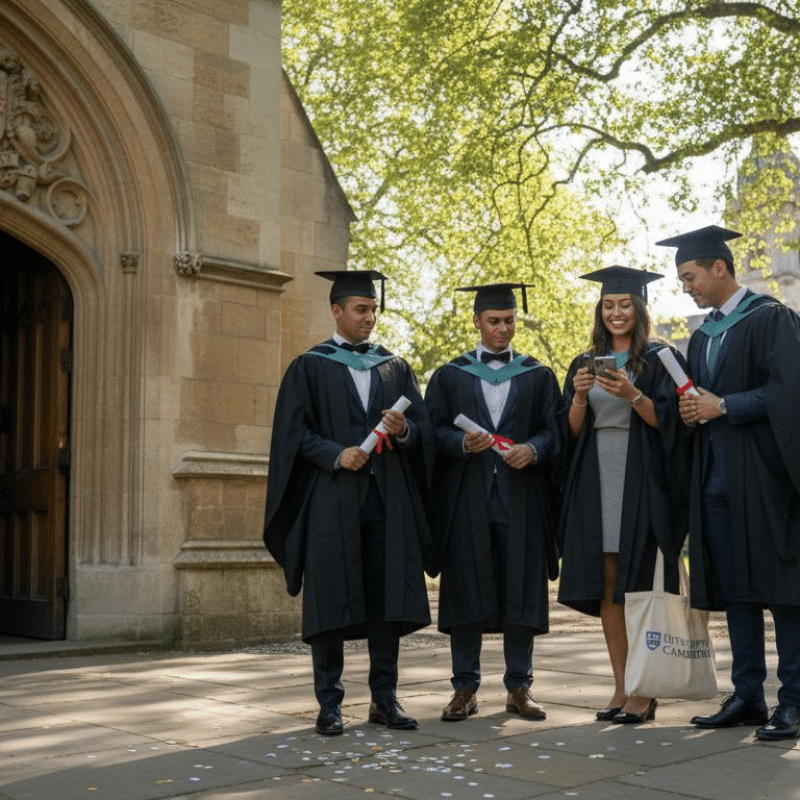 Graduates holding diplomas at university entrance